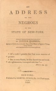 Image of the 1787 title page of Jupiter Hammon’s “An Address to the Negroes in the State of New‑York” document featured by Colonial Lords, a historic African American publication by the first published Black poet in North America