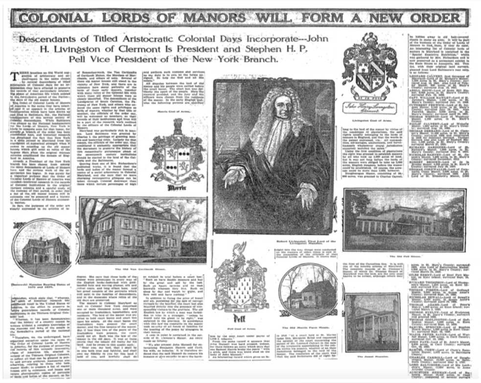 "Colonial Lords of Manors Will Form a New Order" article in New York Times