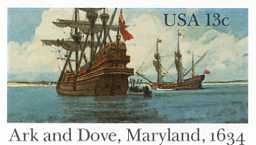 Image of The Ark and The Dove historic ship featured as a commemorative stamp on Colonial Lords page